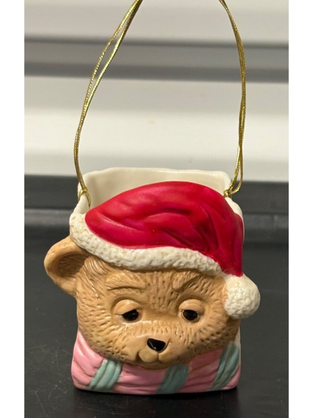 Vintage Bisque Porcelain Teddy Bear Christmas Paper Bag Gift Holder Ring Box